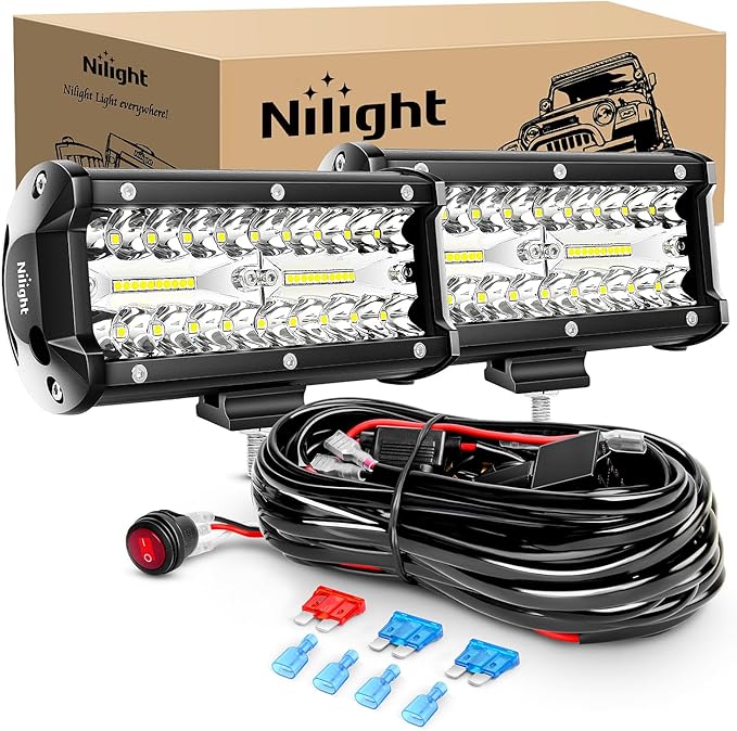 Nilight ZH303 2PCS 6.5 Inch 120W Spot & Flood Combo Driving 16AWG Wiring Harness for Led Work Light Triple Rows Off-Road Truck Car ATV SUV, 2 Years Warranty, White