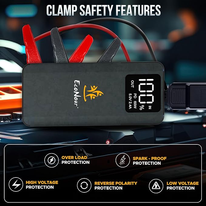 6000A Car Jump Starter – 12V Portable Battery Booster for All Gas & Up to 12L Diesel Engines, Dual USB Quick Charge, DC Output, Built-in LED Flashlight, Heavy-Duty Jump Pack