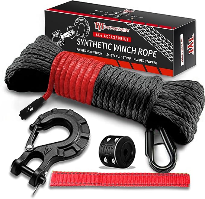 TYT Off-Road Winch Rope Kit - 3/16''x50', 8500 Lbs Black Synthetic Cable with Protective Sheath, Heavy-Duty Hook, Safety Pull Strap & Rubber Stopper Ideal for 4WD ATV UTV Vehicles, Grey, (JPS3650IG)