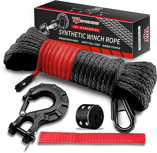 TYT Off-Road Winch Rope Kit - 1/4''x50', 10000 Lbs Black Synthetic Cable with Protective Sheath, Heavy-Duty Hook, Safety Pull Strap & Rubber Stopper Ideal for 4WD ATV UTV Vehicles, Grey, (JPS1450IG)