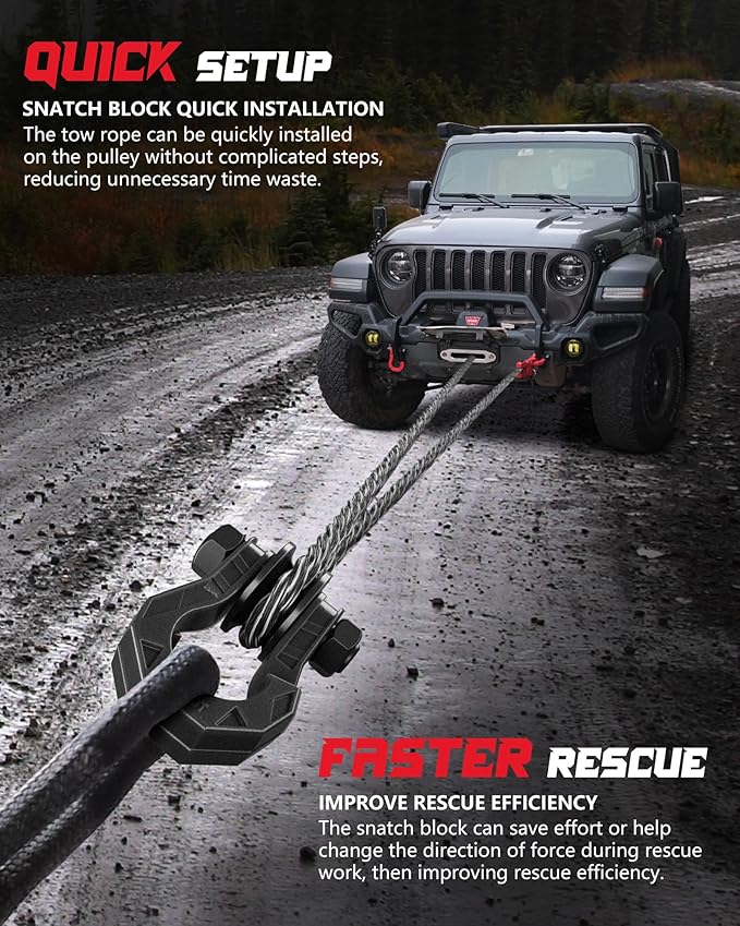 D Ring Separate Shackle with Snatch Block, 3/4" Easy Open Shackles w/Snatch Block Pulley, Heavy Duty Shackle for Towing Winch, Pulley for Off-Road Vehicle Recovery, Truck, ATV, UTV, BlackBlack