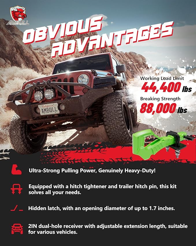 Tow Hitch Receiver With Tightener, 2 Inch Truck Hitch, Drop Forged Steel Trailer Hook 88000 Lbs Break Strength, Scorpion Tail Tow Hook for Trucks, Green