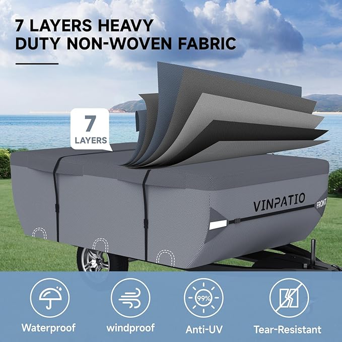 VINPATIO Pop Up Camper Cover, Folding Camper Tent Trailer Cover Fits 10'-12' Trailers, Waterproof & Anti-UV Pop-up Camper Cover with Windproof Straps