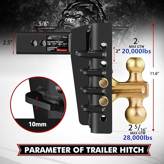 Adjustable Trailer Hitch Fits 2.5-Inch Receiver,8-Inch Drop/Rise,2"&2-5/16" Ball Hitches with 28,000 LBS GTW for Heavy Duty Truck,Solid Ball Mount,BLK,652508-3