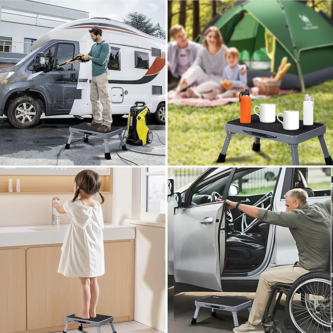 RV Step Stool Foldable 1-Step Ladder Sturdy Metal Stable Step Stool with a Non-Slip Platform Supports up to 500 lb with Non-Slip Rubber Feet, Easy to Carry