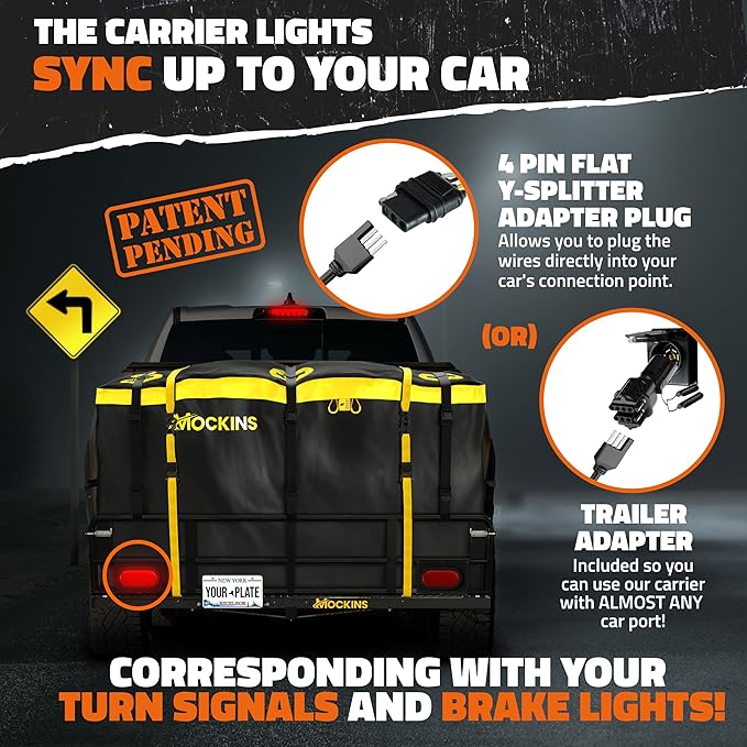Mockins 60"x24"x14" High Rail Folding Car Trailer Hitch Cargo Carrier w/Rear Lights, Plate Bracket & 30 CuFt Waterproof Cargo Bag for Hitch Carrier | 500Lbs Capacity Luggage Rack for SUV Car Truck RV