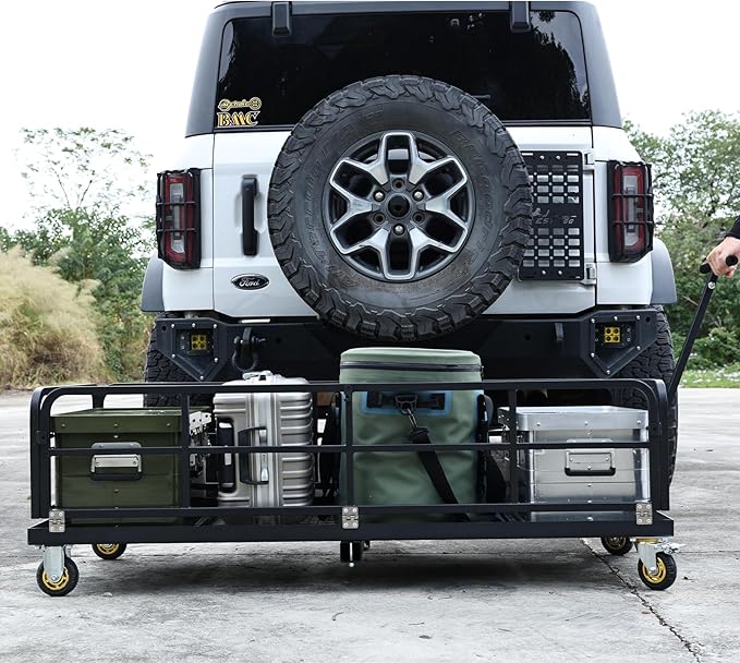 Folding Hitch Mount Cargo Carrier Rack with Handle & Wheels - 750 LBS Heavy Duty Rear Luggage Basket for Car SUV, Fits 2" Receiver - Tow Hitch Cargo Rack for Camping, Black