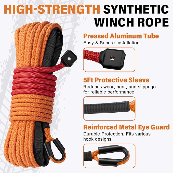 Synthetic Winch Rope Kit - 1/4" x 50' 10000 lbs Synthetic Winch Cable for ATV UTV Off-Road Vehicles with Forged Hook, Rubber Stopper, Protective Sleeve and Safety Pull Strap - Orange