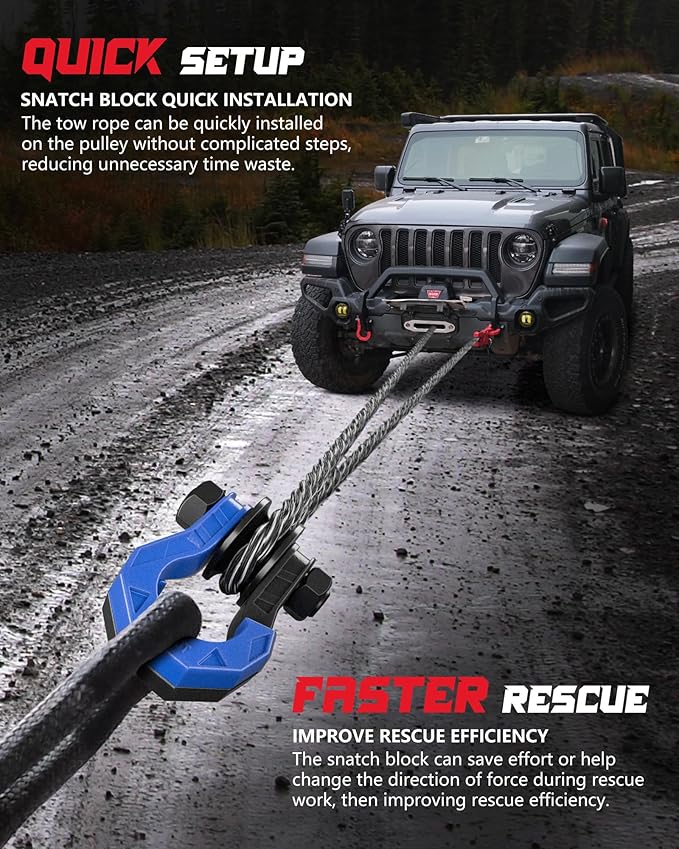 D Ring Separate Shackle with Snatch Block, 3/4" Easy Open Shackles w/Snatch Block Pulley, Heavy Duty Shackle for Towing Winch, Pulley for Off-Road Vehicle Recovery, Truck, ATV, UTV, BlackBlue