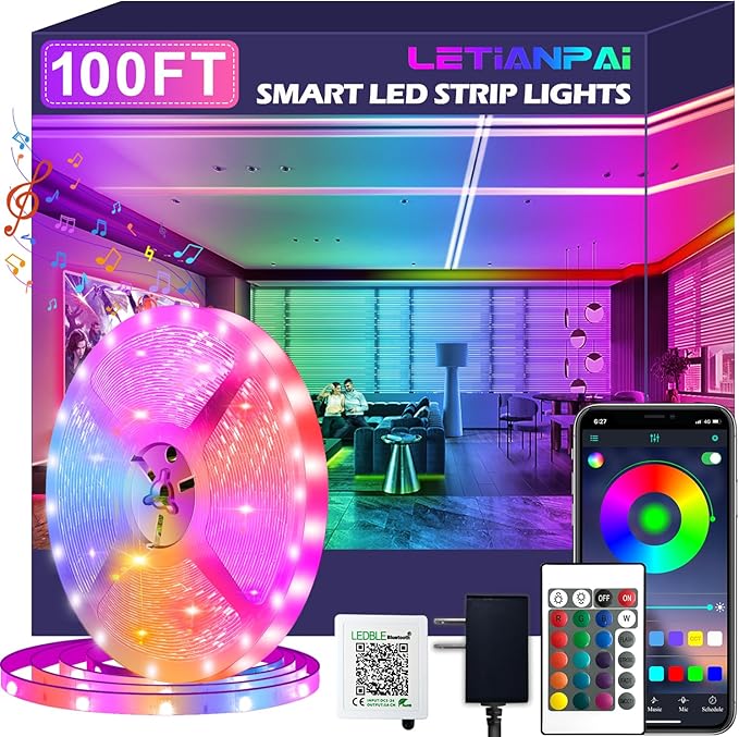 100ft Led Strip Lights,Long Smart Led Light Strips Music Sync 5050 RGB Color Changing Rope Lights,Bluetooth APP/IR Remote/Switch Box Control Led Lights for Bedroom,Home Decoration,Party,Festival