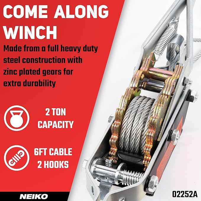 NEIKO 02252A Come Along Winch, 2-Ton (4000 Lbs) Pulling Capacity, 7.2 Ft, 2 Hook, Heavy Duty Power Cable Come Along Tool with Dual Gears, Hand Winch Cable, Automotive Hoist Winch Puller, Recovery Gear