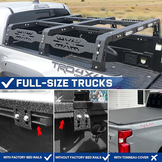 Overland Bed Rack for Full Size Truck 10.5" Bed Rack with 3 LED Lights Compatible with Ford/Dodge Ram/Toyota Tundra/Nissan Titan/Silverado(6.5FT) .Bed Rack for Roof Top Tent