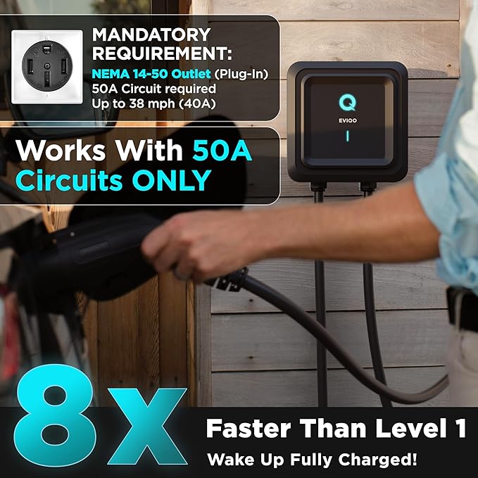 EVIQO Level 2 EV Charger 48 Amps – Wall EV Charger Level 2, NEMA 14-50 Plug, J1772 25' Cable, Enhanced Wi-Fi – UL, Energy Star and ETL Certified EVSE, Smart Car Charging Station - 240V (11.5 kW)