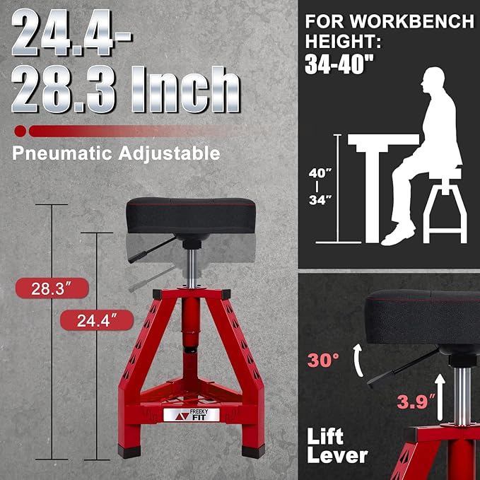 Adjustable Shop Stool,Garage Mechanic Stool Chair,Work Seat for Workshop, Adjustable Height, 360° Swivel Padded Square Seat,Tool Storage, 350 LBS Capacity, Heavy Duty, Red