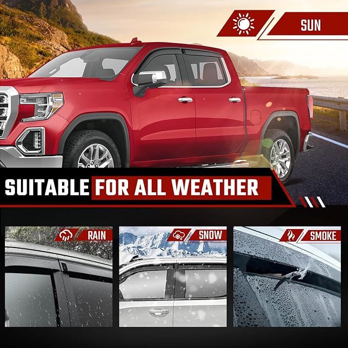 Window Rain Guards Fit for Chevy Silverado/GMC Sierra 1500 Crew Cab 2019-2024, Extra Durable Tape-on Side Window Deflectors, Wind Deflectors Rain Guard Black - 4 PCS