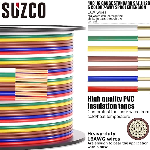 SUZCO 400Ft Enough 16AWG CCA【2-Brown-Wires】 6 Color-Coded 6-Way 7-Wire Bonded Trailer RV Camper Towing Hitch Wiriing Spool, 7-Flat Wishbone SAE J1128 for All Basic Wire Trailers