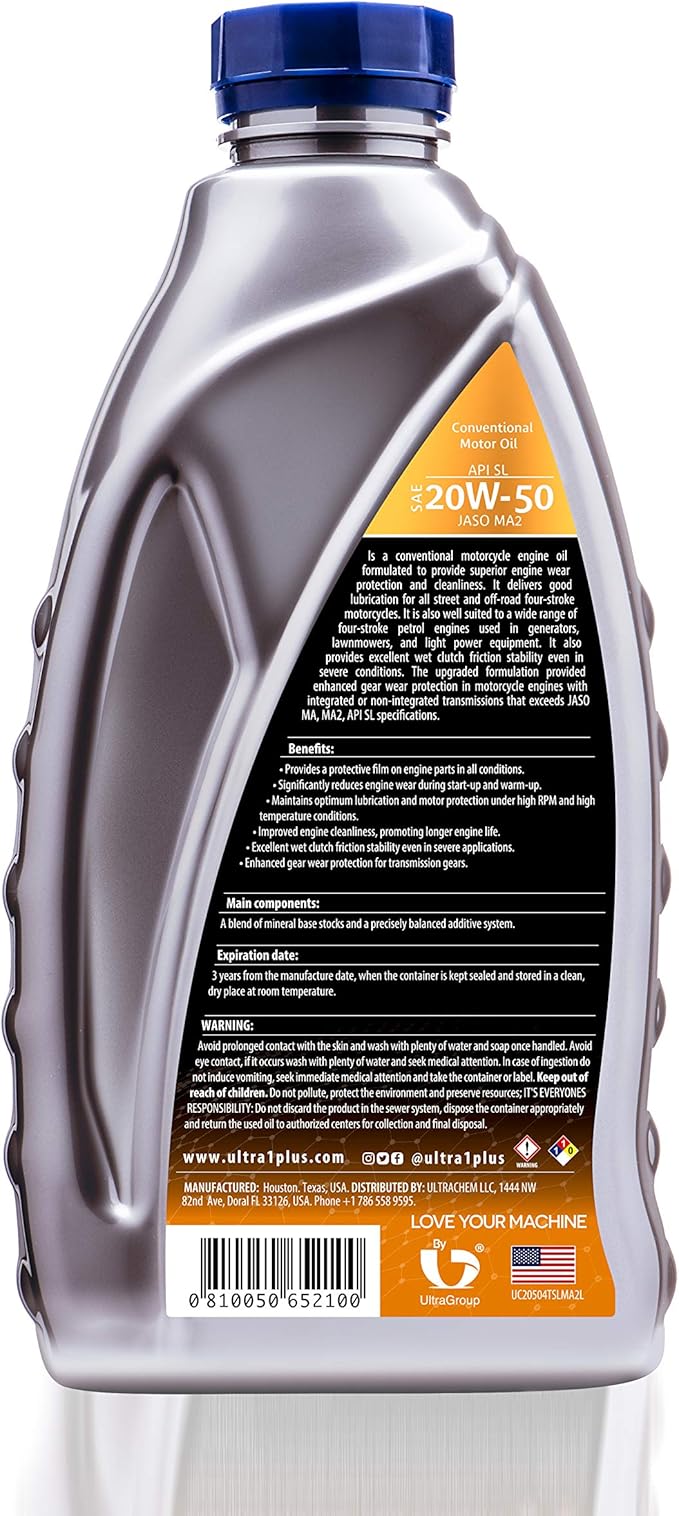 ULTRA 1PLUS 4T 20W-50 Conventional Motorcycle Oil API SL JASO MA2-20W50 Motor Oil, 12 Quarts