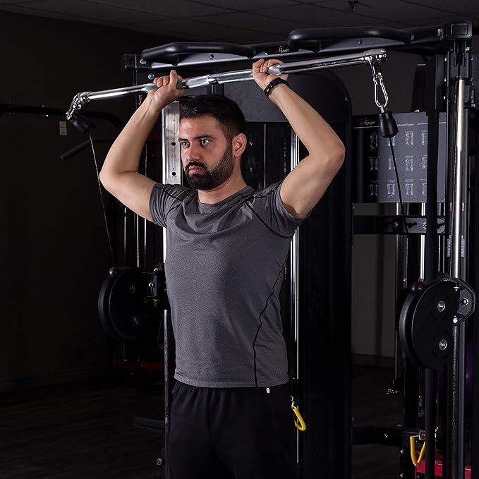 AmStaff 48" Straight Ez Curl Lat Pull Down Bar with Revolving Double Hook for Dual Pulley Cable Machines, Functional Trainer Multi-Purpose Attachment