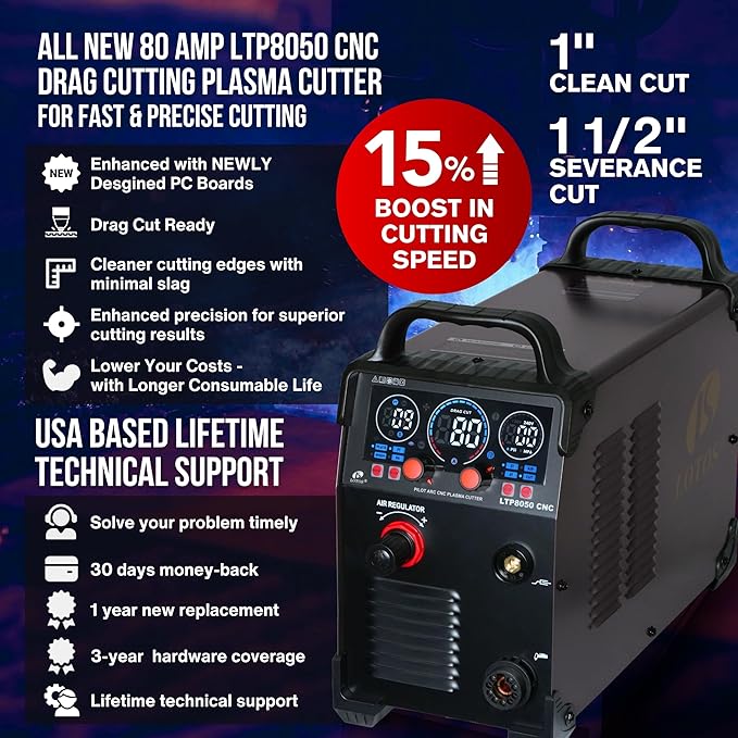 Series LTP8050 CNC | 80A Blowback Plasma Cutter, THC/ARC OK, Drag-Cut, 1" Clean (1.5" Sever), 220V, LED Display & Front Regulator, Air Filter for CNC Table