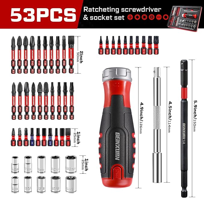 53Pieces Ratcheting Screwdriver Set, 12-in-1 1/4" Hex Shaft Magnetic Screwdriver Quick-Load Screwdriver Bits/Sockets and Adapter Multi-bit Screw Driver Repair Tool