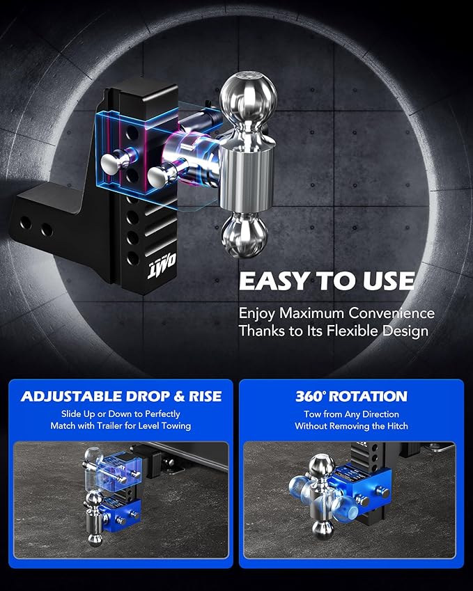Orion Motor Tech Adjustable Trailer Hitch, Heavy Duty 2.5 inch Receiver Hitch, 6" Drop Hitch with 2" & 2-5/16" Balls, 360° Dual-Ball Mount with 18500lb Towing Capacity for Class IV & V, Blue