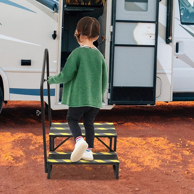 RV Steps with handrail, 2 Steps Mobile Home Stairs Steps Outdoor, Hot tub Steps with handrail & Reflective Strips. Portable Stairs for Travel Trailer, Motor Home (Matt Black)