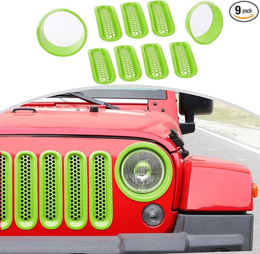 CheroCar for JK Mesh Grille Grill Insert & Headlight Cover Trim Exterior Accessories for Jeep Wrangler JK 2007-2017,Light Green…
