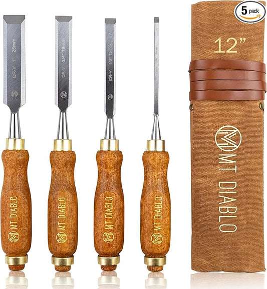 Mt Diablo Woodworking Tools 4 Piece Chisel Set - Premium CV60 Steel Wood Chisel Sets with Ergonomic Handles, Includes 1/4" 1/2" 3/4" 1" Widths - Ideal for Woodworkers - Durable Waxed Canvas Tool Roll