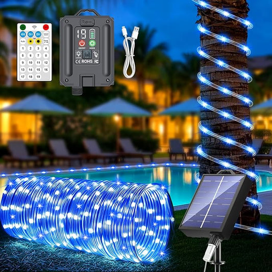 New Upgraded Solar Rope Lights Outdoor Waterproof 19 Modes 300 LED 105ft Solar String Lights with Remote Timing Dimmable Tube Light for Outside Pool Tree Patio Yard Christmas Decoration (300LED-Blue)
