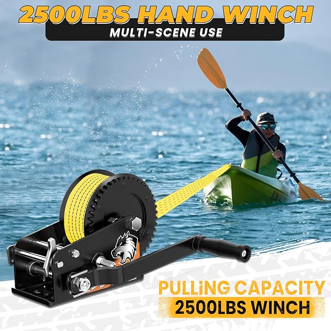 23FT Strap Boat Trailer Winches，2-Way Ratchet System Designed for Heavy-Duty Applications. 2500 lbs Ideal for Towing Trucks, ATVs, RVs, and Jet Skis.