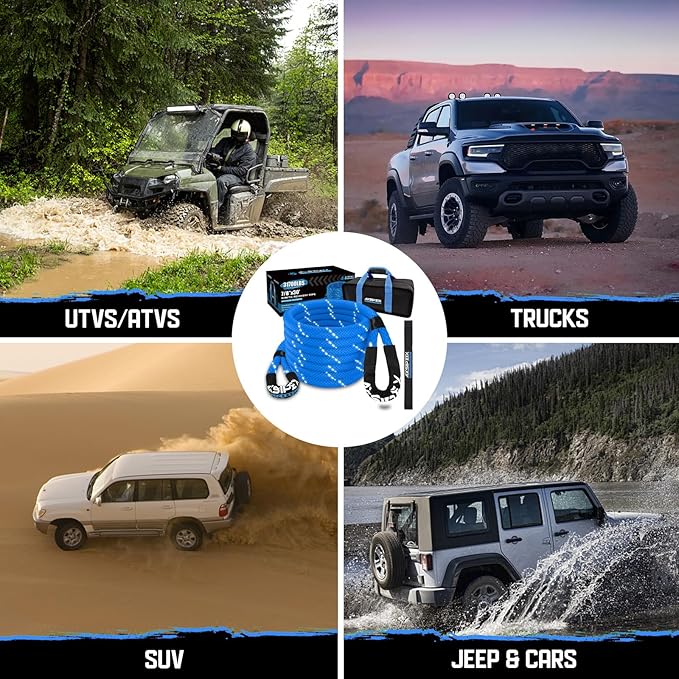 Kinetic Recovery Rope (Reflective) | 7/8in x 30ft 31,700Lbs Heavy Duty, 35% Elasticity Tow Rope - Offroad Snatch Strap for 4x4 Truck SUV UTV ATV Jeep