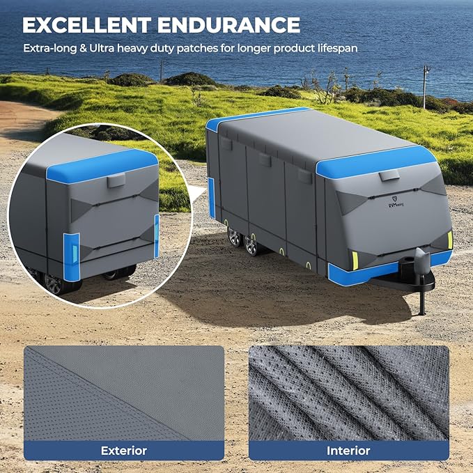 RVMasking Travel Trailer RV Cover 26-28ft, 7 Layers Extra-Thick Camper Cover Waterproof Windproof for Toy Hauler with 4 Tire Covers & Tongue Jack Cover, Durable Trailer Cover for RVs, Medium Gray