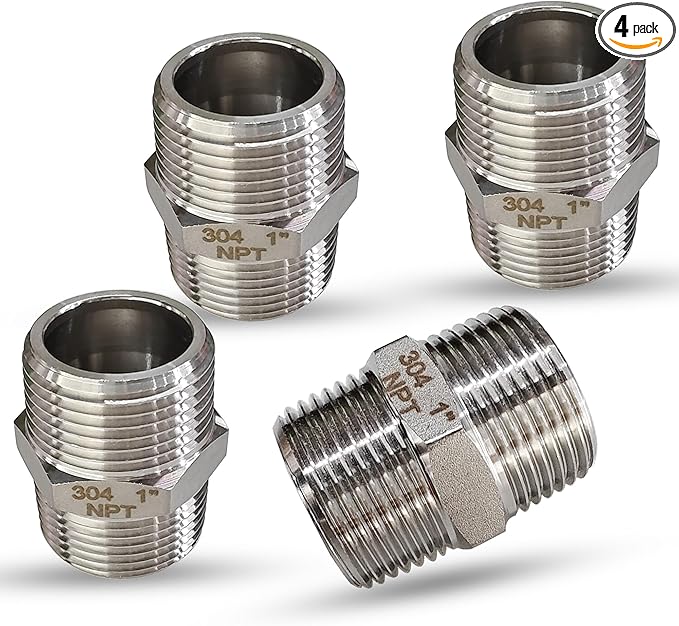 1" NPT Male Hex Nipple Pipe Fittings, 304 Stainless Steel 1 inch Threaded Pipe Adapter Fittings Equal Nipples Connectors, 4pcs Male Straight Connector Pipe Fitting