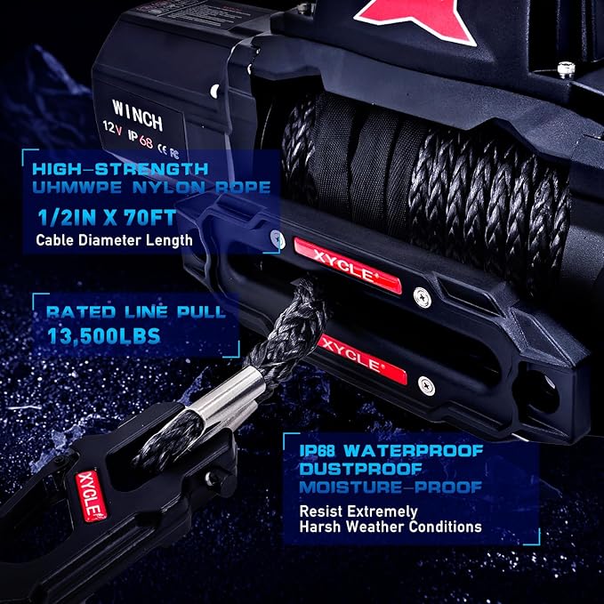 13500lbs Electric Winch 12V IP68waterproof Off-Road Vehicle Rescue winchs with2wireless Remote Controls and1/2"Synthetic Rope Suitable for Towing SUVs,Loggers,Trucks,Trailers,Jeeps,4WD(Black)