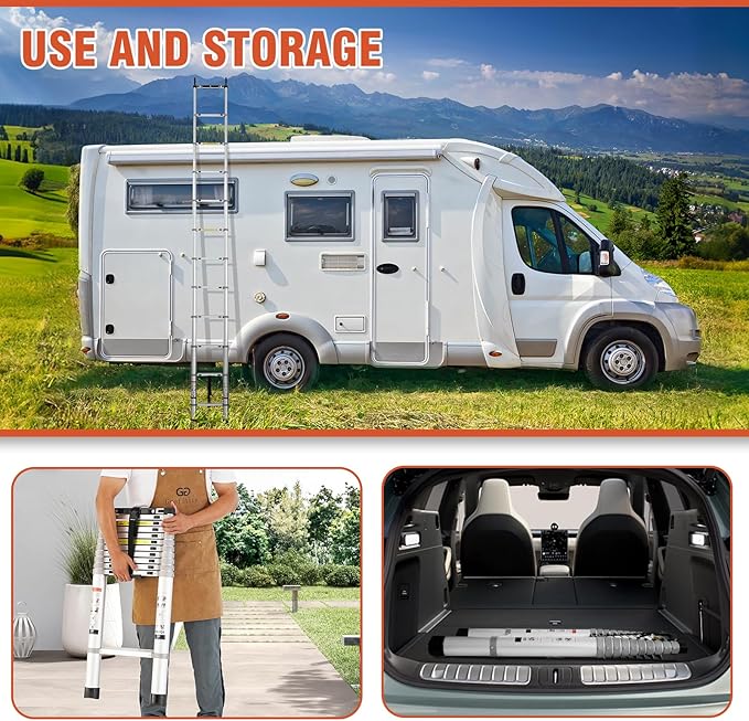 15 FT Aluminum Telescoping Ladder with Hooks, Extension Ladder with Reinforced Alloy Joints, 400 lbs Load Capacity with Non-Slip Feet, Compact Portable for Home, RV, Attic and Roof Use