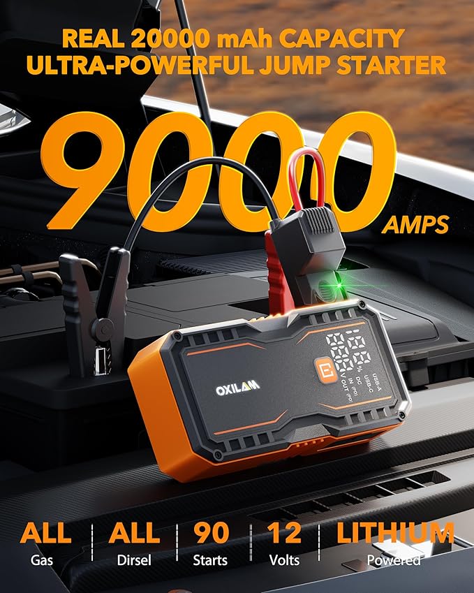 OXILAM 20000mAh Jump Starter for All Gas & Diesel Engines, 9000A Battery Jumper Starter Portable, 12V Jump Box with Quick Charger, Extended Jumper Cable, LED Display, USB, DC, Type C Port & LED Light