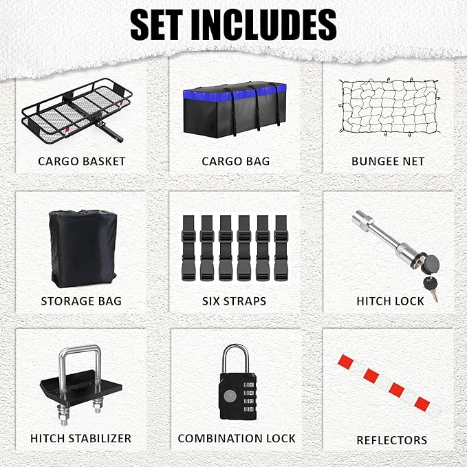 FORWODE 60x24x6 Hitch Carrier for 2 Inch Receiver, 500LB Capacity Hitch Mount Rack with Folding Cargo Basket, Rust-Resistant Coat, Includes Cargo Bag, Cargo Net, Hitch Stabilizer,Ratchet Straps