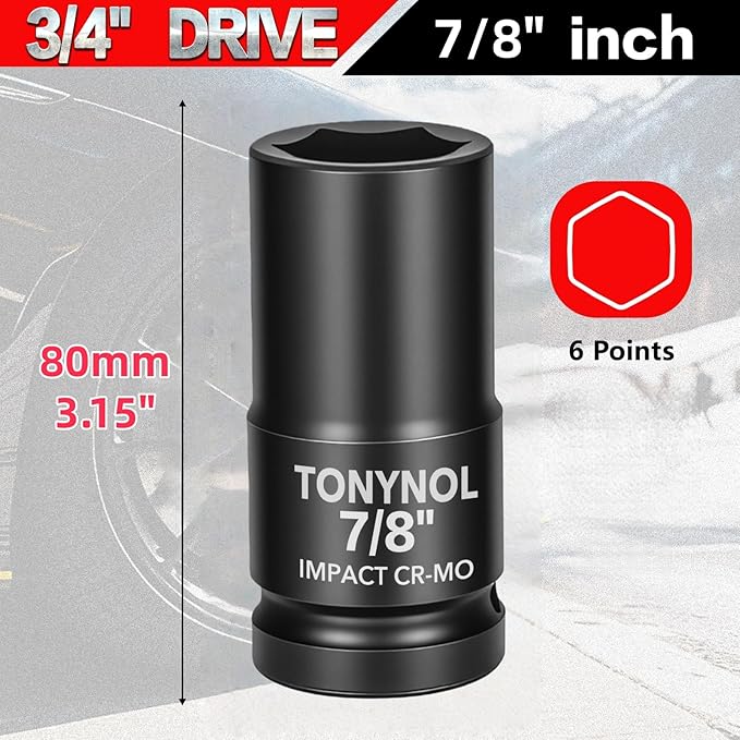 3/4" Inch Drive Deep Impact Socket,6-Point,SAE Size 7/8",80mmL,CR-MO,Heavy-Duty Automotive & Industrial Repair