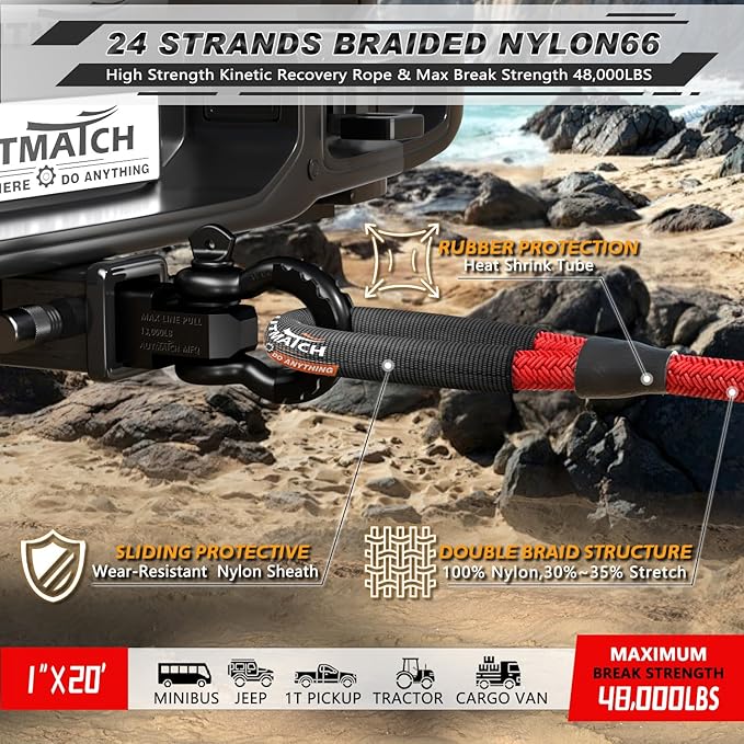 AUTMATCH Kinetic Recovery Tow Rope 1" x 20FT - Heavy Duty Offroad Snatch Strap 48000Lbs, 35% Elasticity Energy Recovery Tow Rope for 4x4 Off-Road Vehicle, Truck, Trailer, ATV, UTV, Red