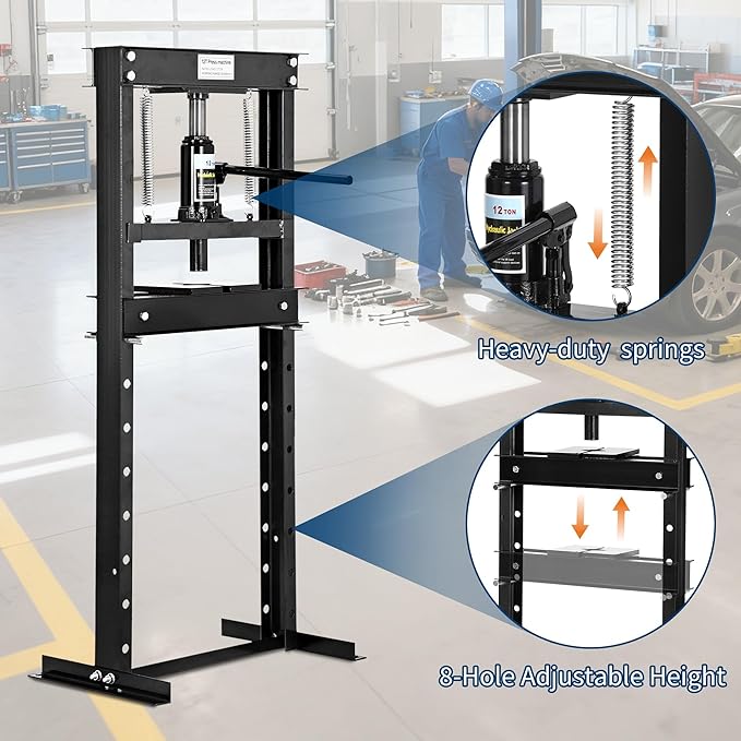 12 Ton H Frame Hydraulic Shop Press,Heavy Duty Garage Floor Press with Adjustable Height Stamping Plates,Built in Relief Valve for Bending Straightening Bearings u Joints Car Repair Professional Use