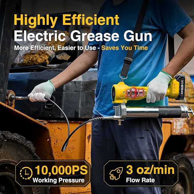 Electric Grease Gun Cordless 10000 PSI, Grease Gun Kit with 2×2.0Ah Batteries & Charger, 39.4" Flexible Hose & LED Light for Tractors Trucks Trailers Heavy Equipment Maintenance