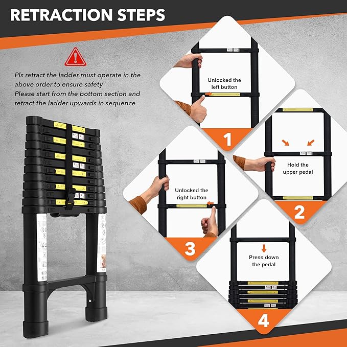 15.5FT Telescoping Ladder, Aluminum Extension Ladder w/Triangle Stabilizers and Non-Slip Feet, 330lbs Capacity Retractable Ladder for Home and Outdoor, Compact and Lightweight Black