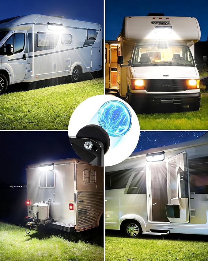 2 Pack Magnetic RV Solar Light with 10X Strong Magnet, 416 LEDs, 1500LM, 3 Lighting Modes, IP65 Waterproof Solar Lights Outdoor for Trailers, Campers, RV Exterior, Porch & Awning Lighting