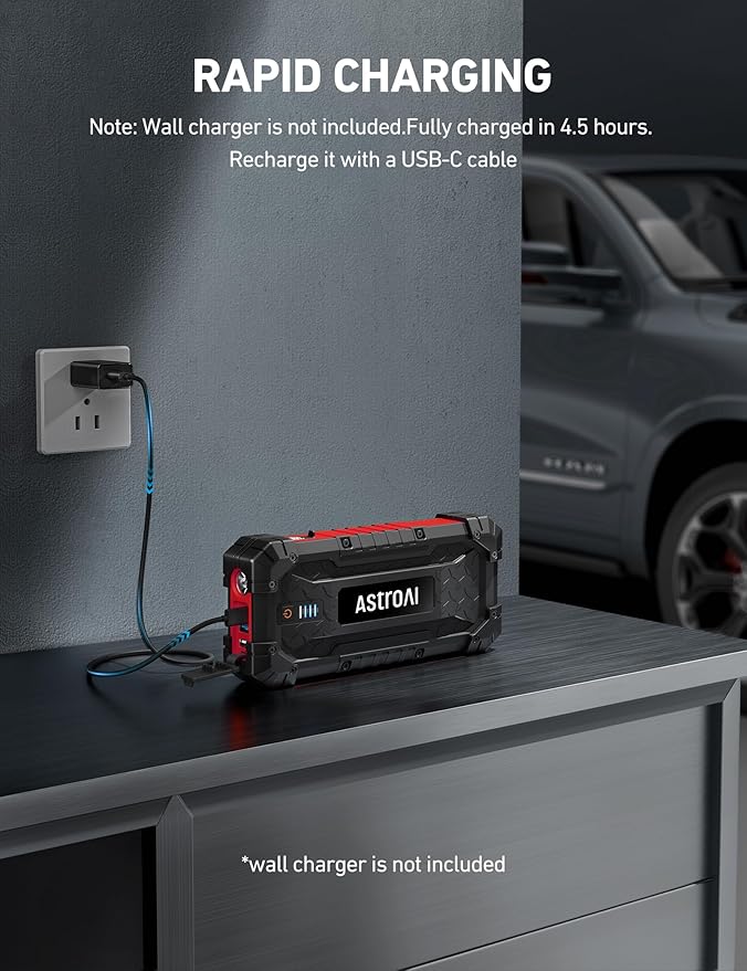 AstroAI S8 Ultra 4000A Peak Jump Starter,Up to All Gas/12L Diesel Engine,24000mAh Portable Car Battery Jump Starter,Rugged 12V Battery Pack with 2-Way Quick Charger,LED Light, Jumper Cables(Red)