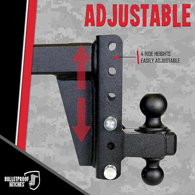 BulletProof Hitches - 2.5" Adjustable Extreme Duty Trailer Hitch (36,000lb. Rating) - 6" Drop/Rise with 2" and 2 5/16" Dual Ball - Powder Coat, Solid Steel, Corrosion-Resistant