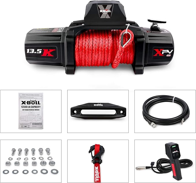 X-BULL Winch-13500 lb. Load Capacity Electric Winch Kit 12V Synthetic Rope,Waterproof IP67 Electric Winch with Hawse Fairlead, with Wireless Handheld Remote and Corded Control Recovery