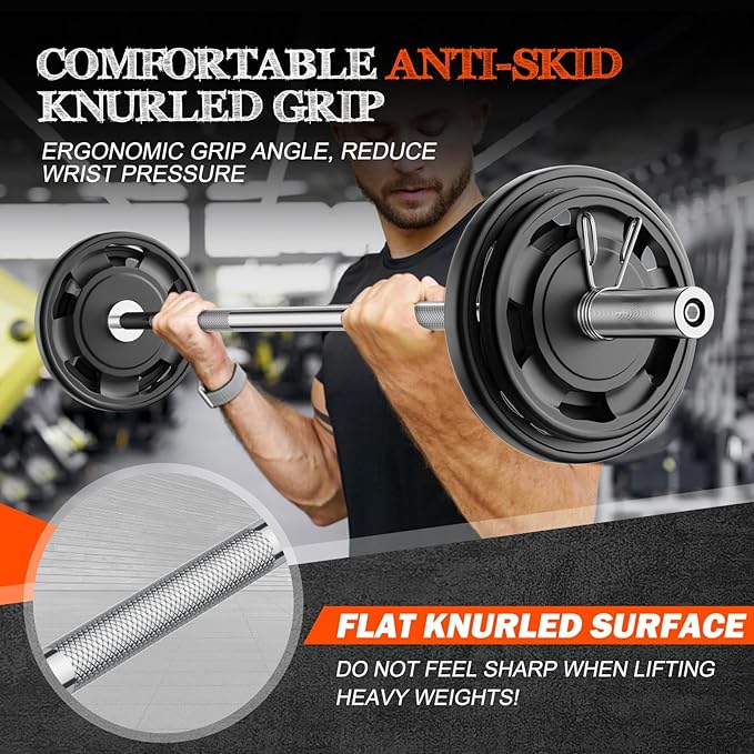 57" Olympic Barbell Bar, 2" Standard Straight Barbell Bars for Weight Lifting Bar for Bench Press/Squats/Hip Thrusts/Lunges/Biceps- Home Gym Weight Bar- 2 Spring Collars(500lb Weight Capacity)