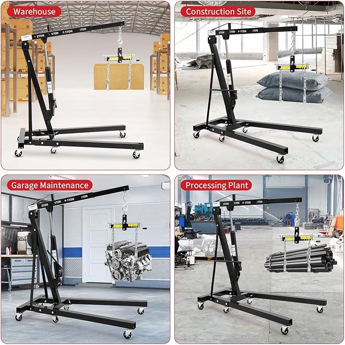 2-Ton Folding Engine Hoist Cherry Picker 4400 Lb Capacity Hydraulic Shop Crane with Telescoping Boom 6 Caster Wheels for Automotive Repair (Black, Engine Hoist with Lever)