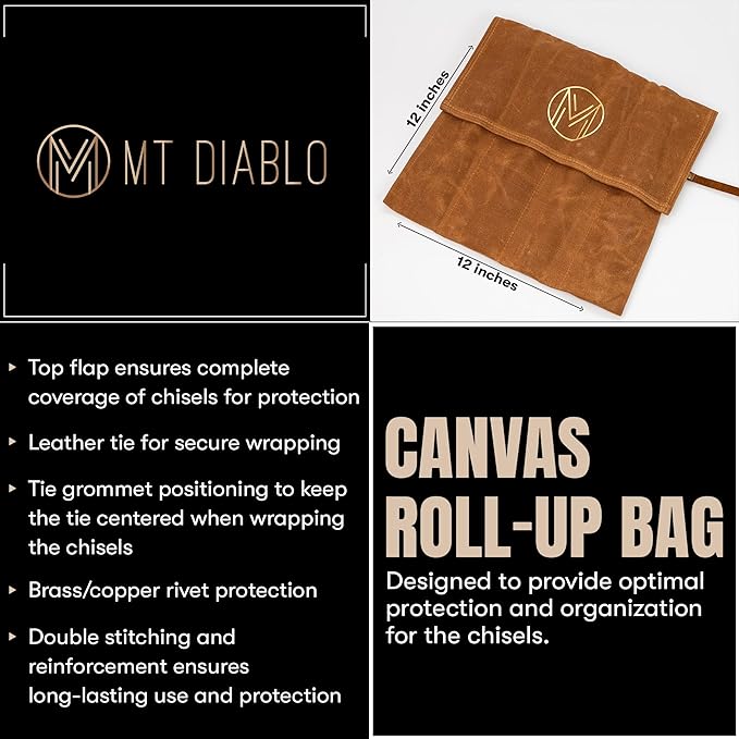 Mt Diablo Woodworking Tools 4 Piece Chisel Set - Premium CV60 Steel Wood Chisel Sets with Ergonomic Handles, Includes 1/4" 1/2" 3/4" 1" Widths - Ideal for Woodworkers - Durable Waxed Canvas Tool Roll