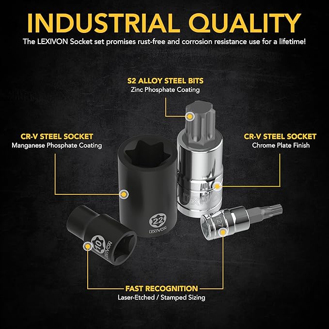 LEXIVON Master Torx Bit and Socket Set, Premium S2 Alloy & Cr-V Steel | 25-Piece, Bit Socket T8-T60 & E-Torx E4-E22 | Heavy-Duty Storage Case (LX-148)